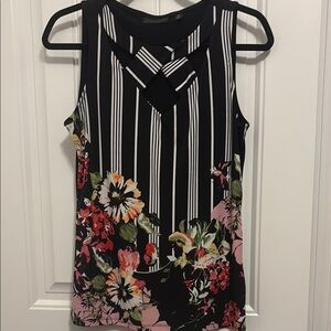 New York & Company Black Tank Top with Striking Stripes and Floral Design